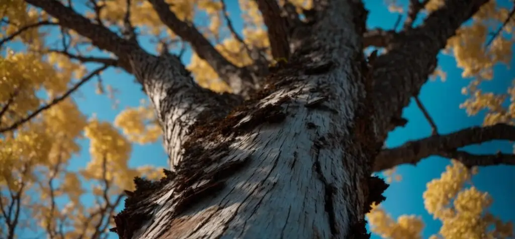 close up of an unhealthy tree, showing wilting leaves and blemishes on bark