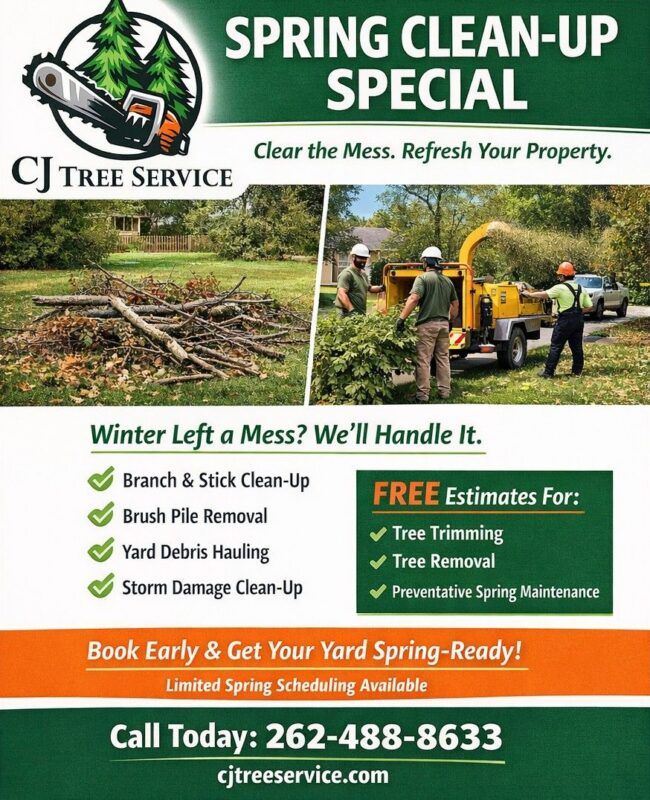 Spring clean-up special advertisement for CJ Tree Service featuring workers clearing yard debris, including branches and sticks, with a wood chipper, emphasizing professional tree care services in southeast Wisconsin.