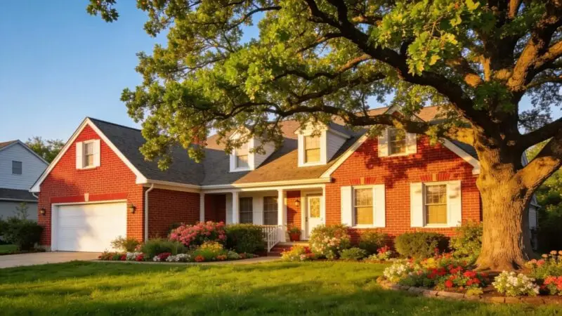 Suburban home with a healthy tree representing homeowners insurance coverage for tree removal