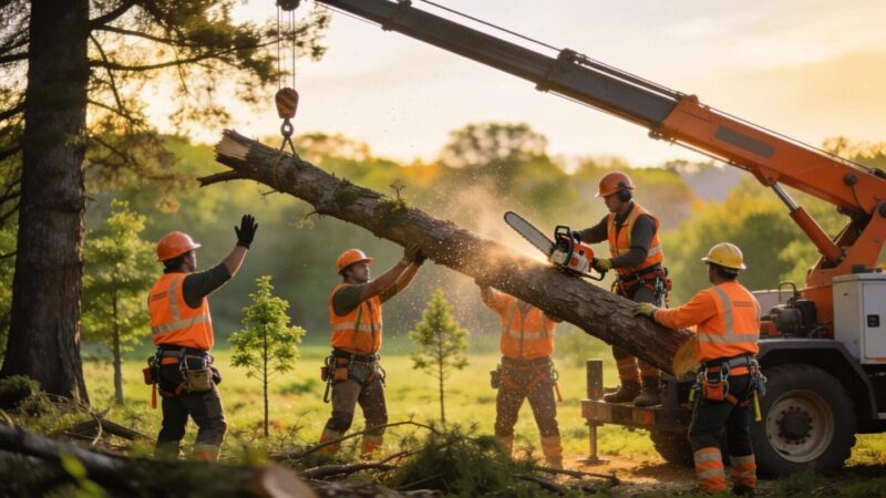 Professional tree removal team using safety gear and equipment in a green landscape