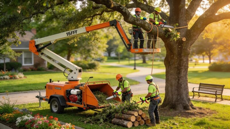 Tree care team trimming trees in a park, illustrating various tree services offered
