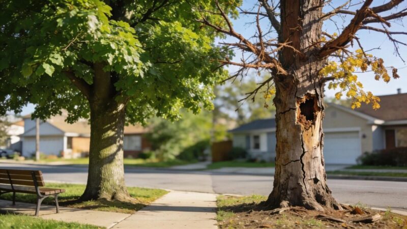 Healthy versus damaged tree illustrating signs of decay and the importance of tree removal for safety