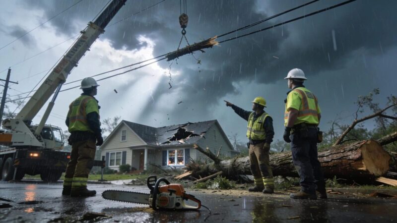 Emergency tree services team responding to a fallen tree in a storm-damaged area