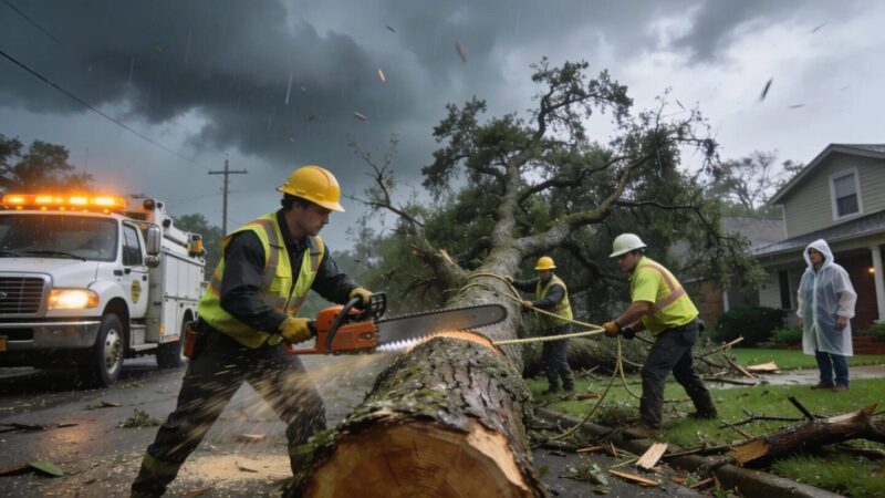 Emergency tree removal team operating in a storm-damaged neighborhood, showcasing the urgency and professionalism of their work.