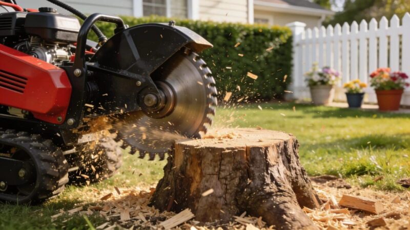 Stump grinding machine at work in a neat residential garden