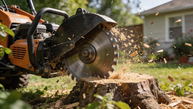 Stump grinding machine in operation, illustrating the stump removal process