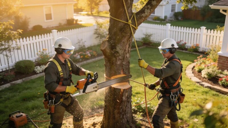 Professional tree removal team working safely in a residential garden, highlighting certified arborist services.