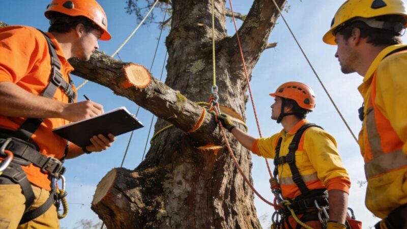 Tree removal team conducting a risk assessment with safety gear, emphasizing tree removal protocols and procedures.