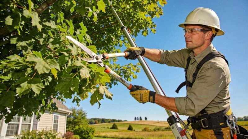 Professional arborist trimming a lush tree in a Wisconsin backyard