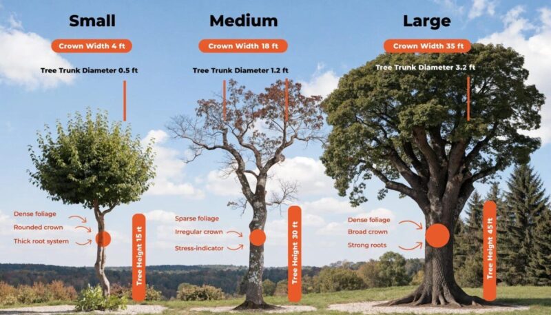Comparison of small, medium, and large trees highlighting differences in size and health