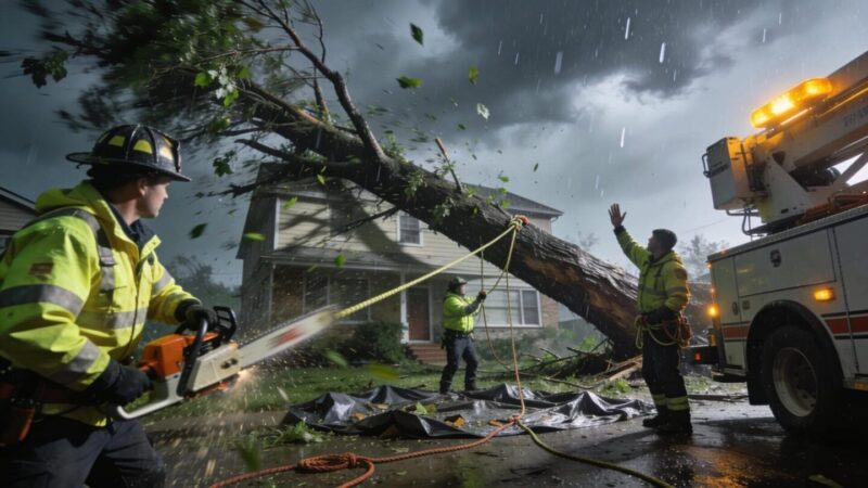 Emergency tree removal during storm conditions highlighting urgency and response