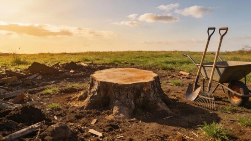 Visually clean and safe yard post-tree removal, illustrating good maintenance practices with a freshly cut stump and an organized environment.