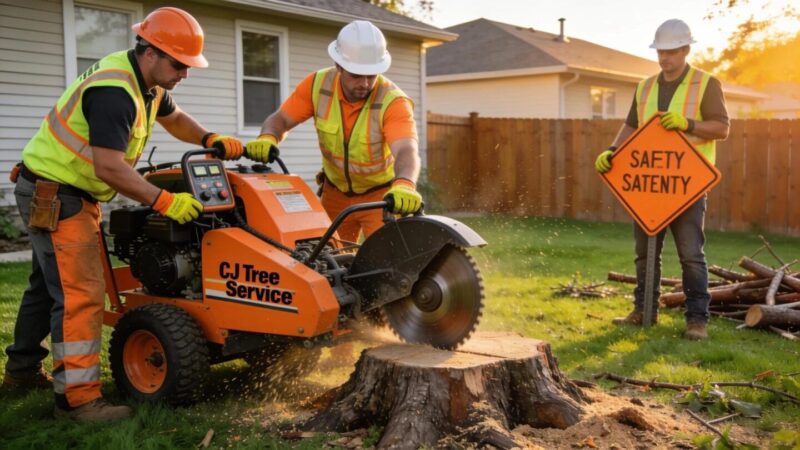 CJ Tree Service crew performing professional stump grinding at a home