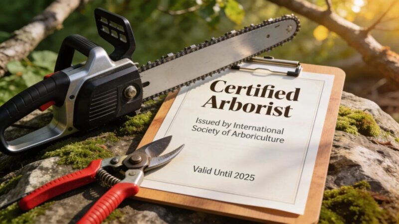Close-up of a certified arborist's license and tree removal tools indicating compliance with local regulations.