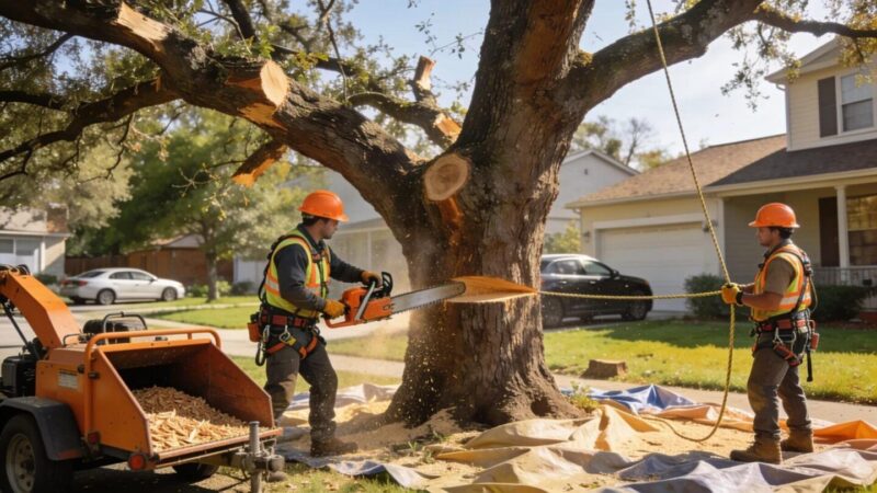 Professional tree removal service in action with workers and a large tree in a neighborhood setting