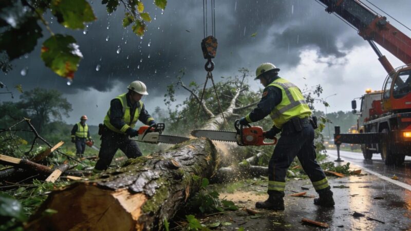 Emergency crew removing a fallen tree after a storm