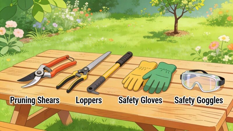 Display of tree trimming tools including pruning shears and safety gear in a garden setting