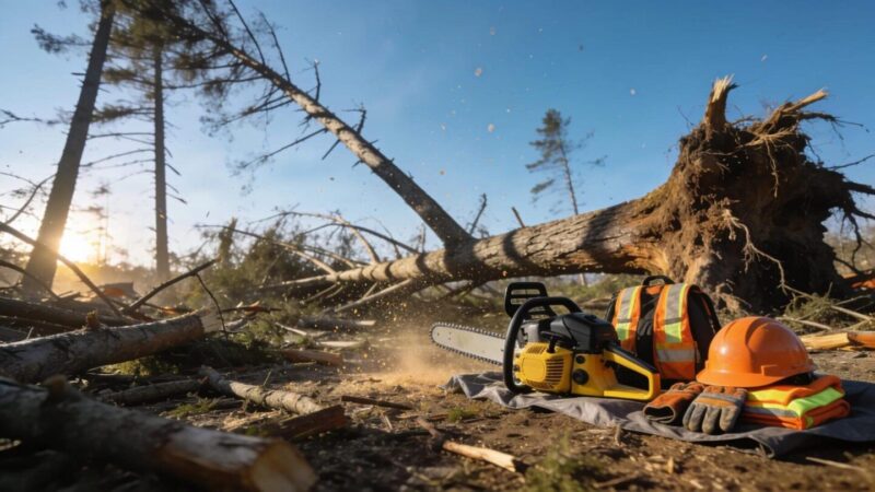 Storm-damaged trees in Racine indicating the need for emergency tree removal services after severe weather