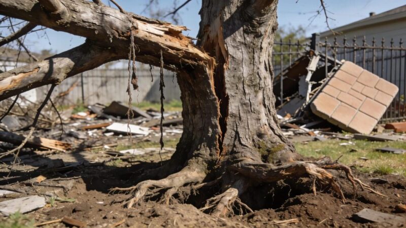 Close-up of storm-damaged tree hazards including large dead branches, trunk cracks, and heaving roots, emphasizing the importance of tree safety.