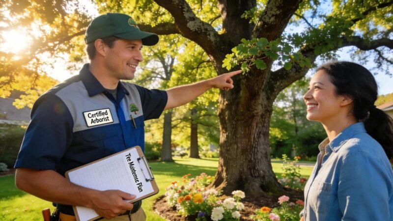 Certified arborist consulting with a homeowner about tree care in a sunny yard