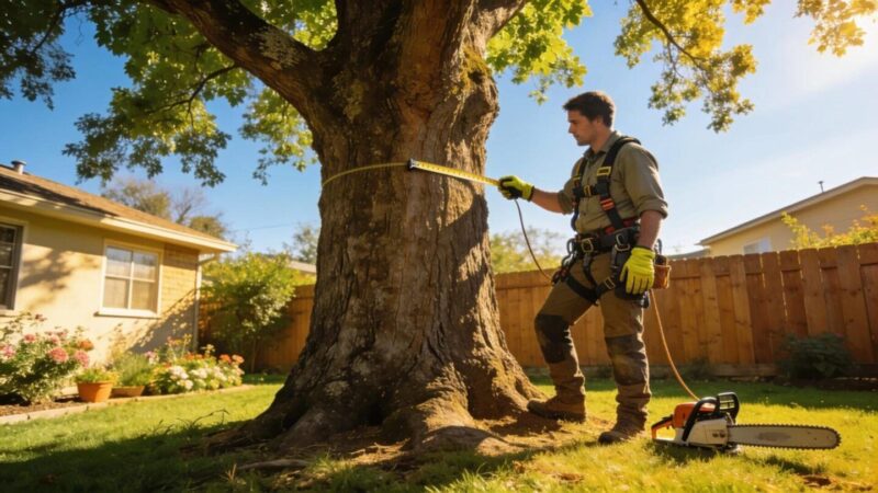 Arborist assessing tree for removal in residential backyard, highlighting tree care services
