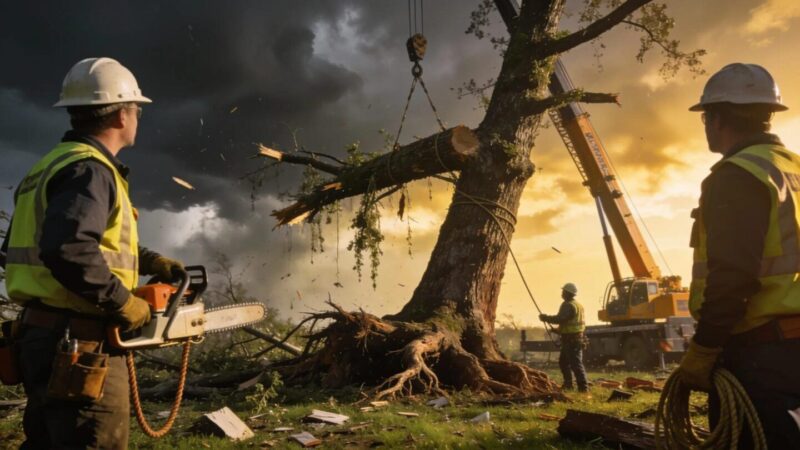 Emergency tree service crew assessing storm damage and stabilizing uprooted or broken trees