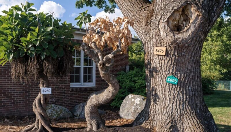 Different sizes and types of trees in a Wisconsin yard reflecting pricing differences