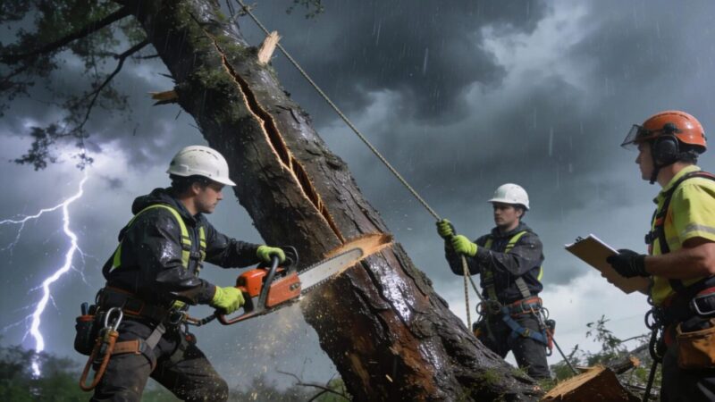 Professional arborist assessing storm-damaged trees, emphasizing the urgency of emergency tree removal
