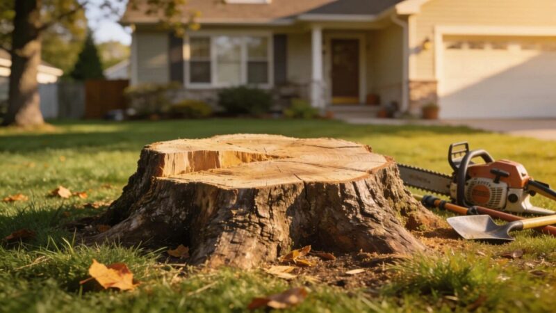 Freshly cut tree stump in a Racine yard, representing stump removal services