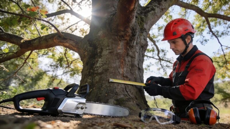 Professional arborist demonstrating safety protocols during tree assessment for safe removal