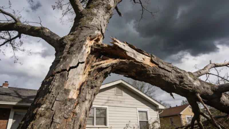 Leaning tree with dead limbs posing a risk to nearby structures, highlighting the necessity for removal