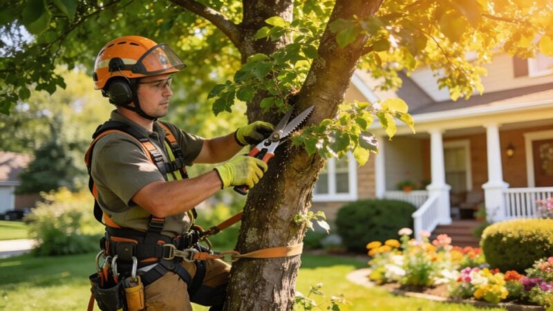 Professional arborist trimming a tree in a Southeast Wisconsin yard, emphasizing tree health and residential care
