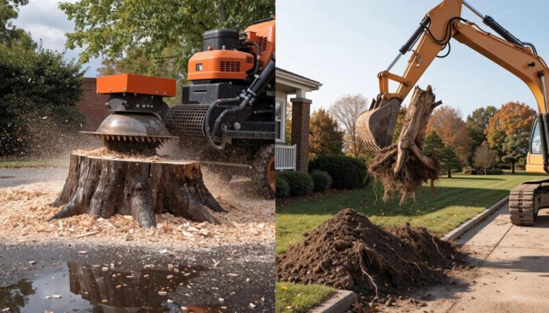 Equipment used for stump grinding and stump removal side-by-side