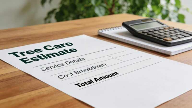 Detailed tree removal estimate document with calculator and notepad, representing cost factors