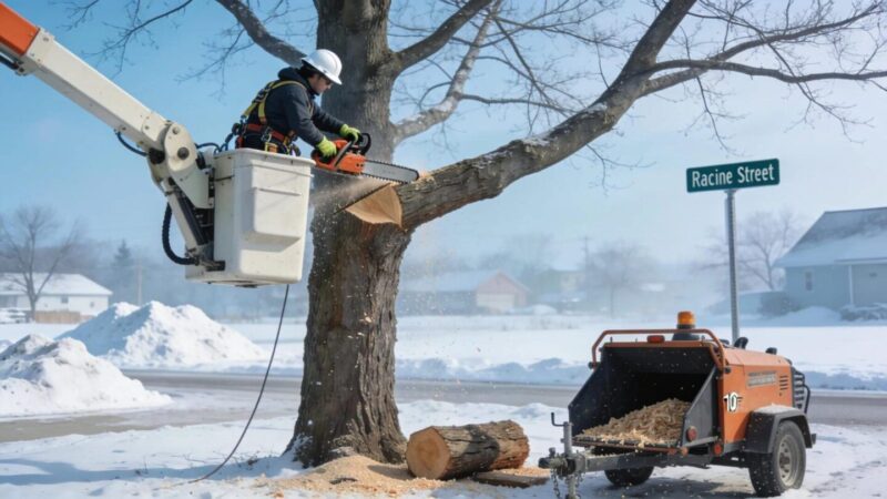 Tree removal service in winter in Racine highlighting a dormant tree