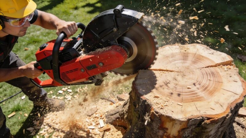 Stump grinding in progress, showcasing effective follow-up tree removal services