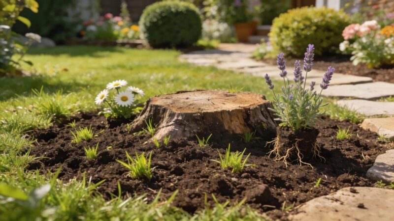 Restored yard with new grass and plants after stump grinding, highlighting landscape rejuvenation