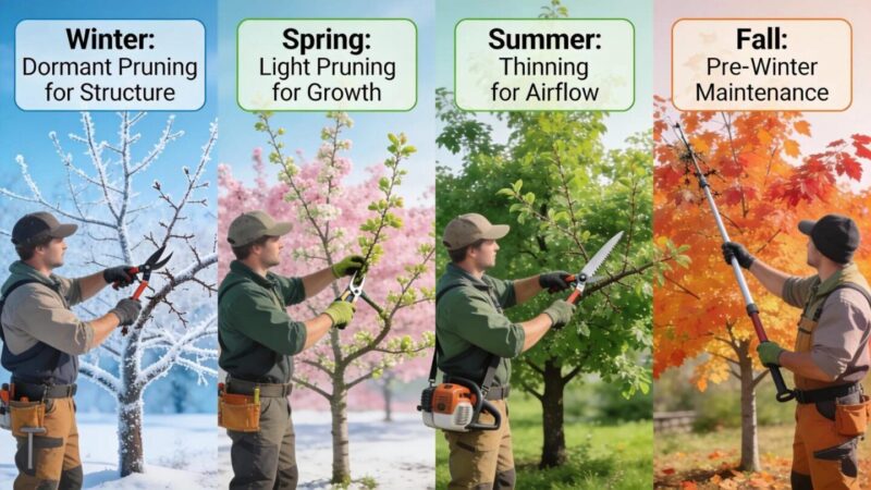 Arborist demonstrating seasonal pruning techniques and showing seasonal effects on tree health