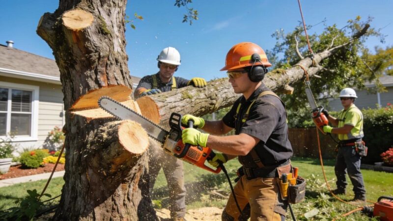 Tree removal crew safely cutting a large tree in a suburban backyard