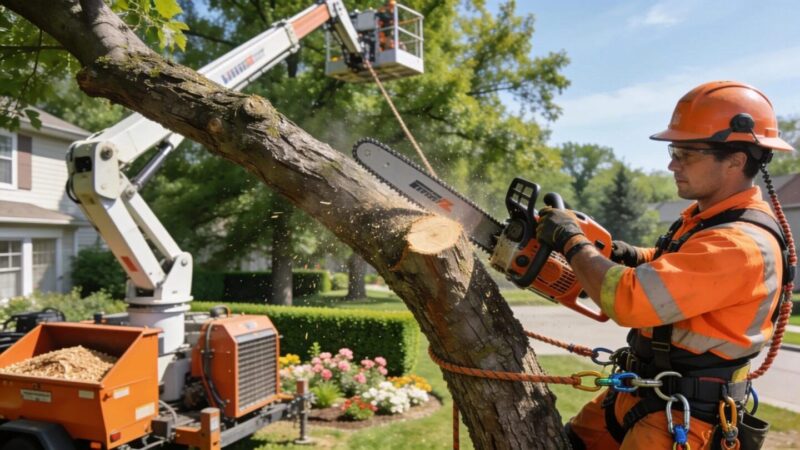 Tree removal professional using equipment in a Wisconsin landscape