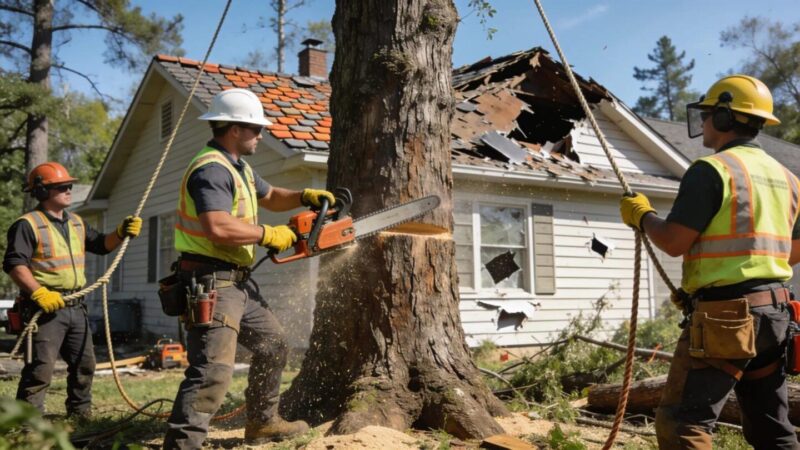 Emergency tree removal professionals at work in a residential yard
