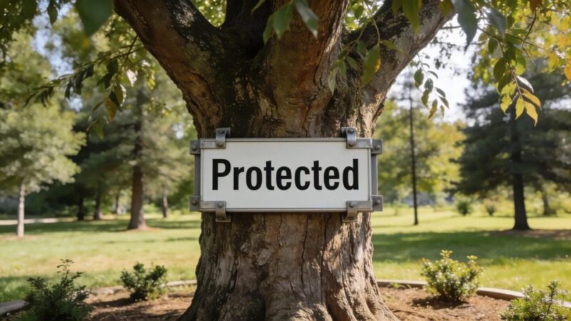 Tree marked with a protected sign symbolizing local regulations concerning tree removal permits