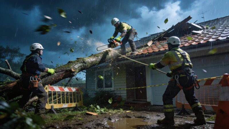 Tree removal team responding to a storm-damaged tree near a residential home