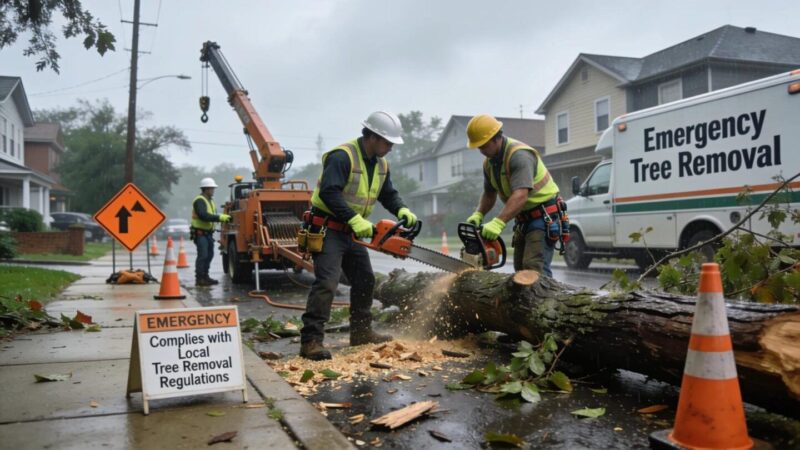 Crew removing storm-damaged tree limbs after a Racine County storm