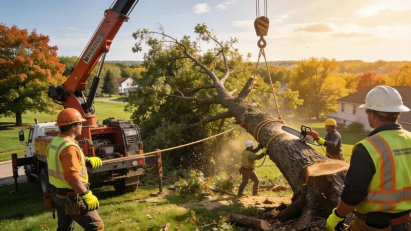 Emergency tree service team actively removing a large hazardous tree in Wisconsin's residential area