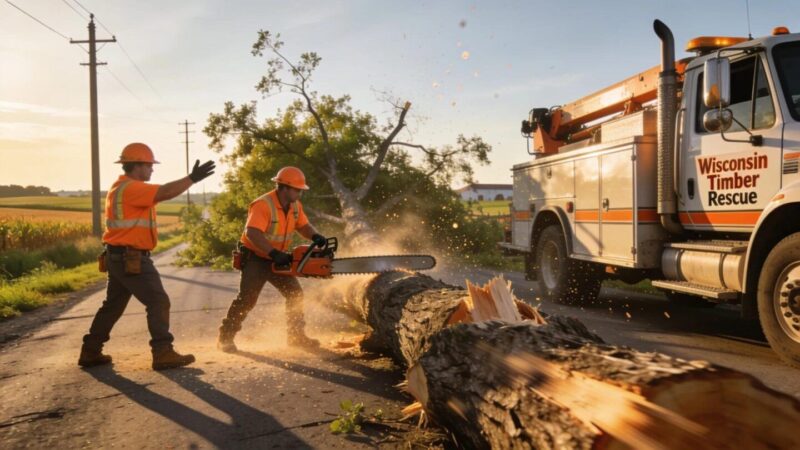 Tree service vehicle responding urgently to a fallen tree blocking a road in Southeast Wisconsin