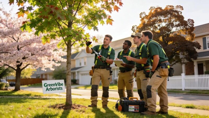 Local arborists working together on a tree, demonstrating community-focused tree care