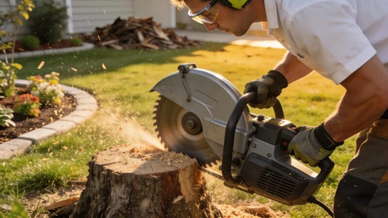 Stump grinding machine operating on a tree stump, illustrating professional site restoration