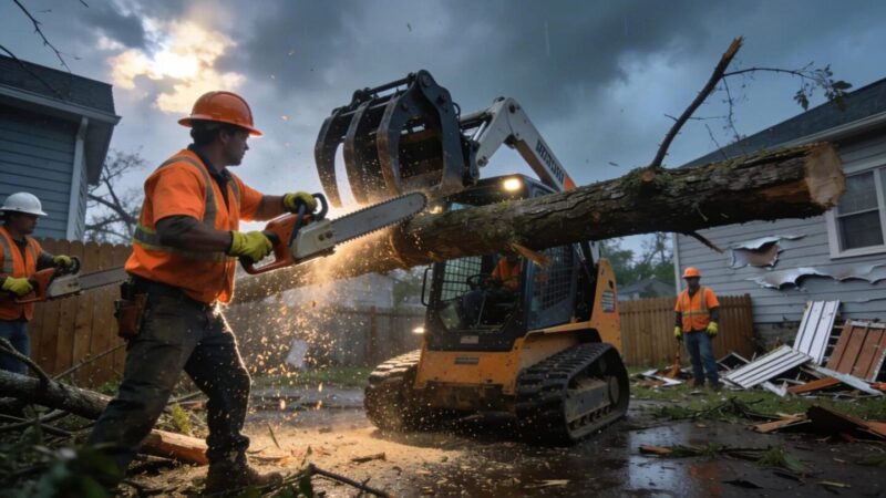 Professional crew removing a fallen tree from a residential yard after a storm