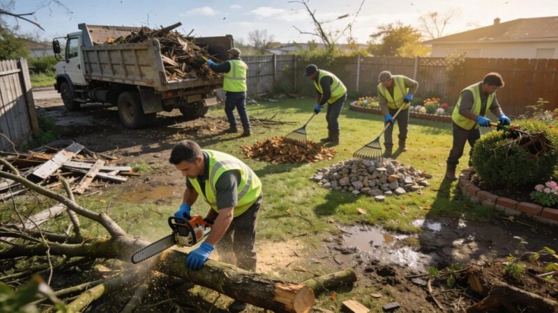 Workers conducting storm cleanup by removing debris and restoring a yard after tree removal